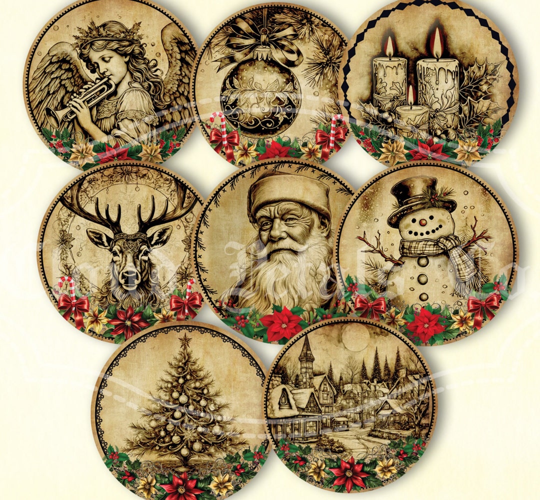 Vintage Christmas Round Tags, Printable Christmas Decor, 3 and 2 Tags ...