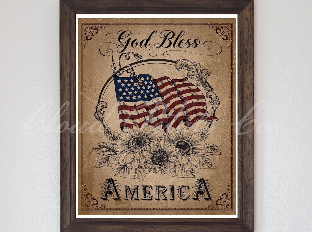 Vintage Patriotic Sunflower Print, 4th July Sign Printable, God Bless