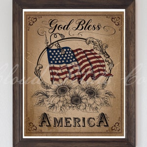 Impresión de girasol patriótico vintage, cartel imprimible del 4 de julio, cartel de Dios bendiga a Estados Unidos, decoración de pared del día de la independencia, girasol con bandera de EE. UU. PNG
