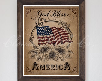 Vintage patriottische zonnebloemprint, 4 juli, God Bless America (digitale download)