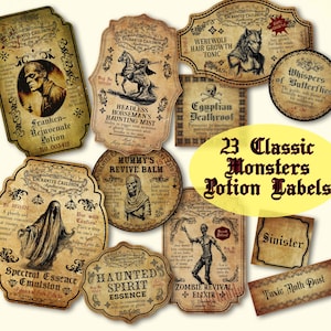 Etichette classiche vintage per mostri di Halloween, etichette retrò per bottiglie e barattoli di Halloween, Frankenstein, lupo mannaro, fantasma, zombi, download digitale