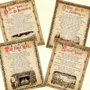 Vintage Weihnachtsliedertexte druckbar, Weihnachtsdekor, Hymnedrucke, Stille Nacht, O kleine Stadt Bethlehem, Erster Noel, digitaler Download