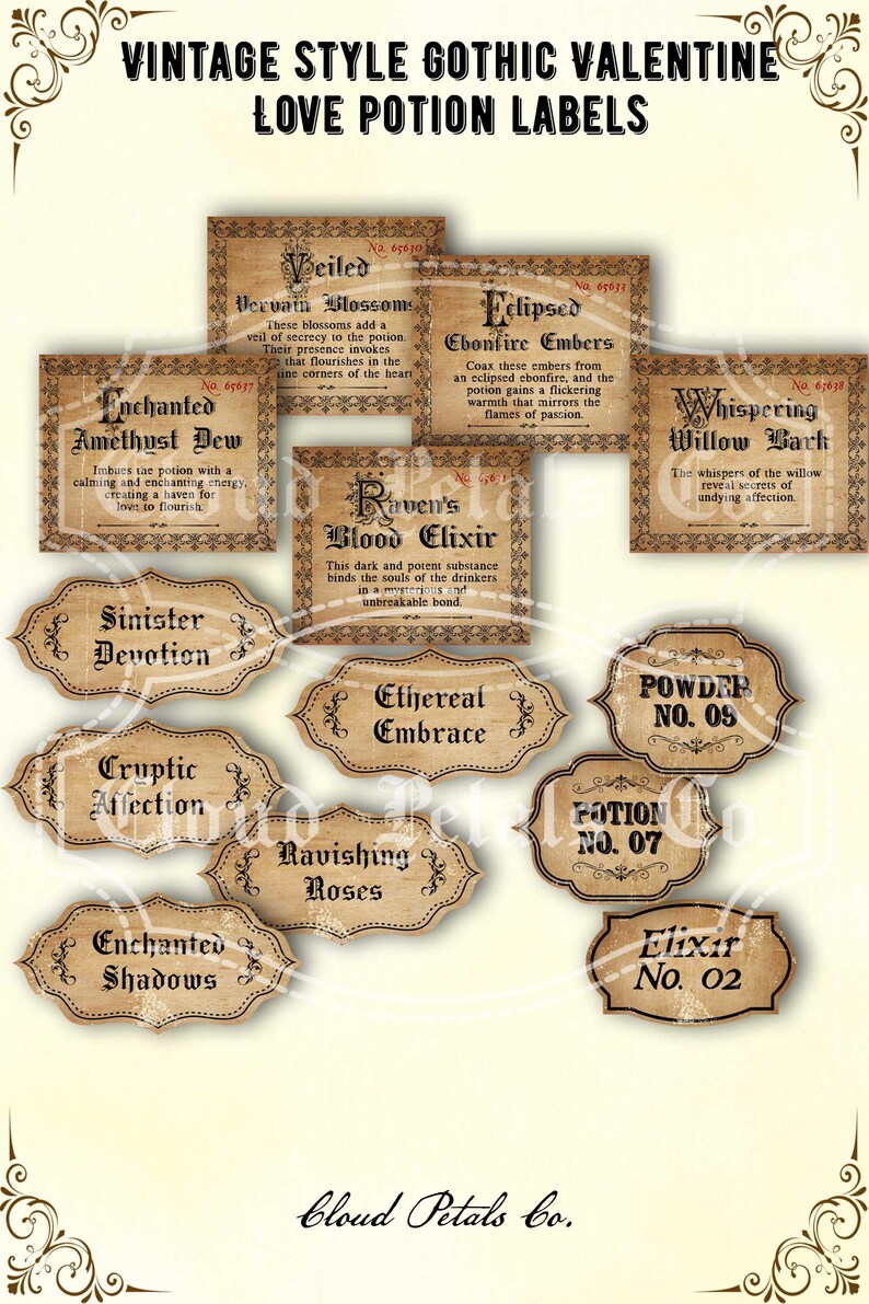 Etiquetas góticas para pociones de San Valentín, decoración de frascos de boticario de brujería (descarga digital) imagen 3