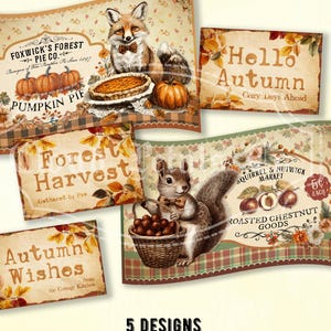 Étiquettes d'animaux de la forêt d'automne de style vintage, étiquettes d'automne imprimables, décoration bricolage de ferme d'automne, renard, écureuil, tarte à la citrouille, téléchargement numérique