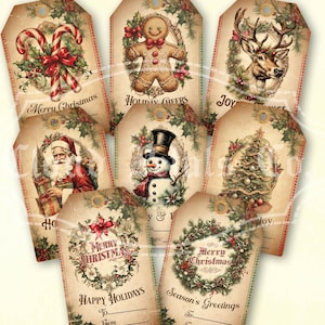Vintage Weihnachtsgeschenkanhänger, Weihnachten druckbare Tags, DIY Weihnachten, Zuckerstangen, Weihnachtsmann, alte Weihnachtsdekor, digitaler Download