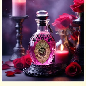 Puede incluir: Una botella de poci&oacute;n g&oacute;tica de estilo vintage para San Valent&iacute;n, con l&iacute;quido rosa y etiqueta ornamentada. Rodeada de rosas rojas y velas, la imagen muestra el texto "Vintage Style Gothic Valentine Love Potion Labels" en la parte superior.