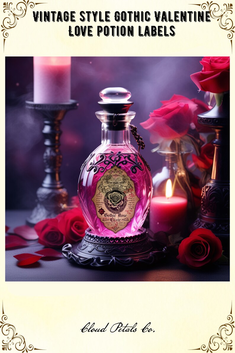 Puede incluir: Una botella de poci&oacute;n g&oacute;tica de estilo vintage para San Valent&iacute;n, con l&iacute;quido rosa y etiqueta ornamentada. Rodeada de rosas rojas y velas, la imagen muestra el texto "Vintage Style Gothic Valentine Love Potion Labels" en la parte superior.