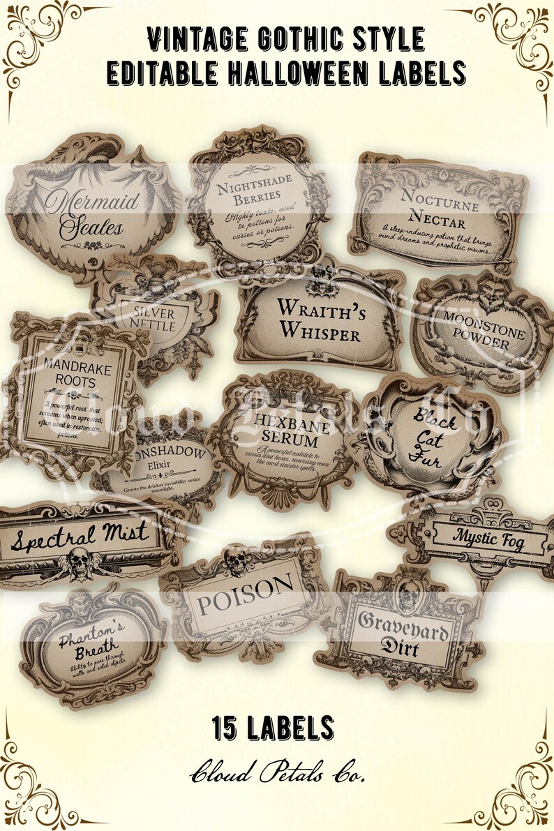 Goth Labels Editable Vintage Halloween Labels, Witch Apothecary DIY Decor (canva ...