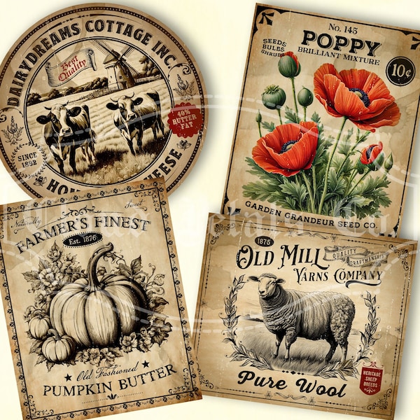 Vintage Kitchen labels, printable kitchen art, labels for jars, primitive pantry, DIY crafts, poppy, cheese, wool, sheep, digital download