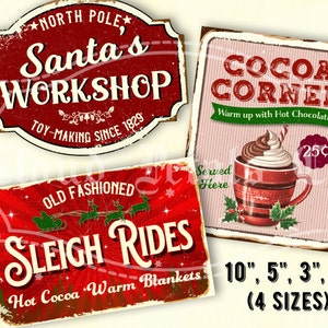 Sinais de Natal vintage, arte retrô para impressão, decoração de Natal retrô, passeios de trenó, chocolate quente, oficina de Papai Noel, diário, download digital