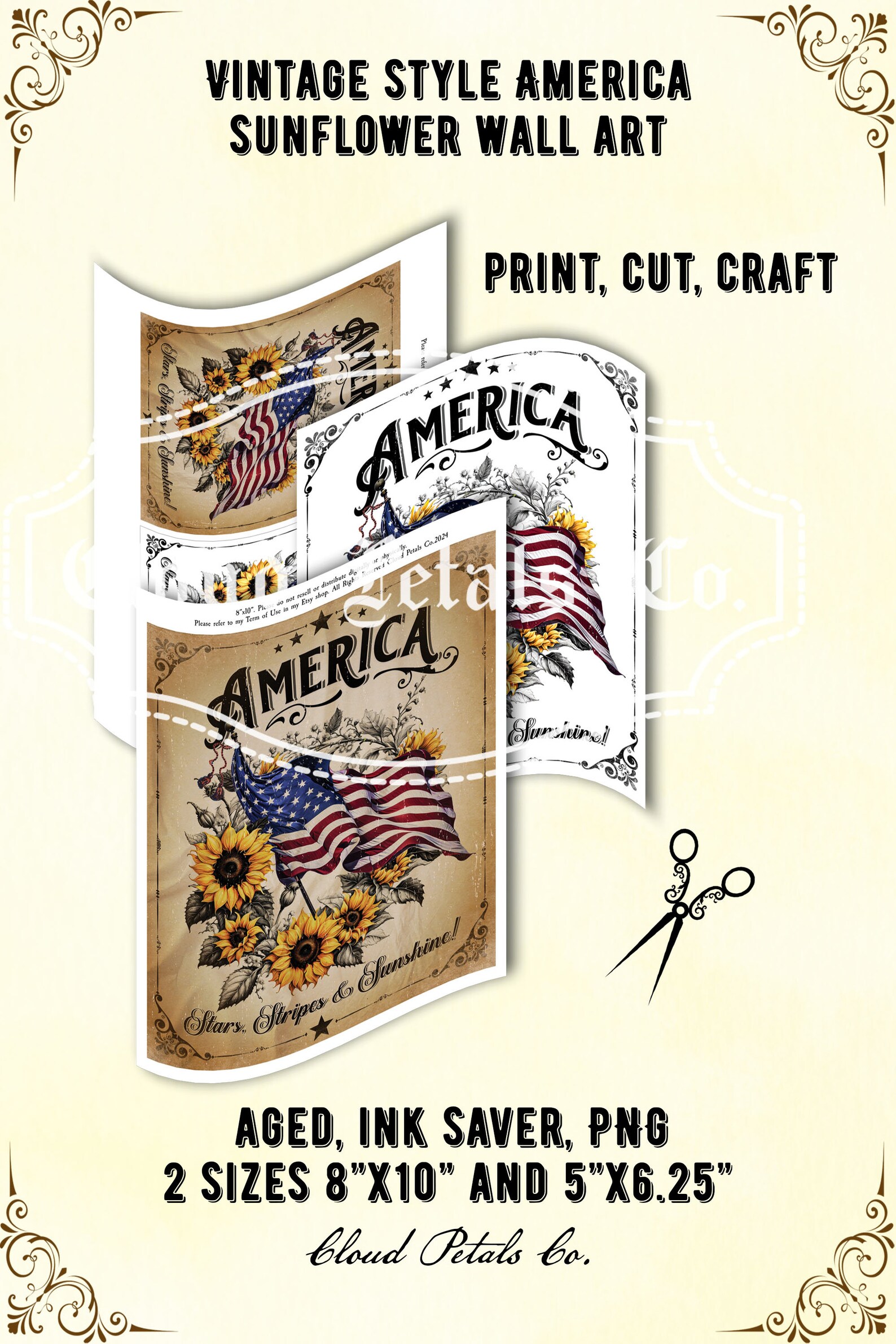 Vintage 4th of July Wall Art, Printable Patriotic Sunflower ...