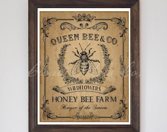 Vintage Bee Farm Print: Queen Bee, Rustic Wall Decor (Digital Download 8x10, 4x5 JPEG)