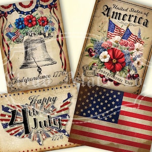 Etiquetas vintage para impressão de 4 de julho, decoração para o Dia da Independência, bandeira dos EUA, símbolo patriótico americano, sino da liberdade, download digital