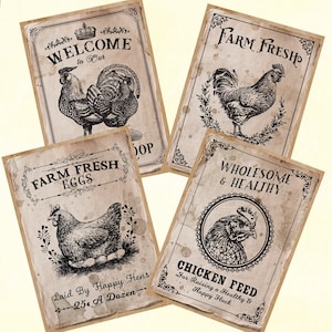 Étiquettes de ferme, étiquettes d'oeufs frais de ferme, décor de poulailler de 3,5 x 5 po, téléchargement de poulet, animaux de la ferme imprimables, étiquettes d'artisanat de coq, sac d'alimentation