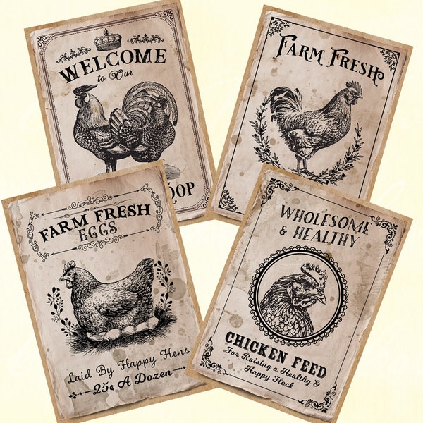 Farmhouse tags, farm fresh eggs tags, 3.5"x5" chicken coop decor, chicken download, farm animal printable, rooster craft tags, feed sack