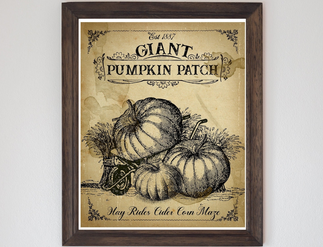 Vintage Pumpkin Patch Sign Printable, Giant Pumpkin Art, Fall Autumn