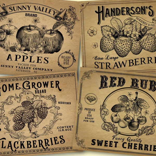 Vintage Pantry label, Fruit label, fruit printable, canning label, primitive kitchen decor, label clipart, apple, strawberries, cherries,