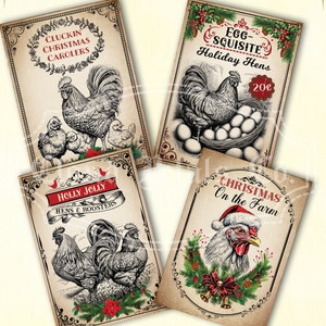Décor de ferme de Noël, étiquettes de Noël imprimables, décor de poulailler de 3,5 x 5 po, téléchargement de poulet, coq de Noël, téléchargement numérique