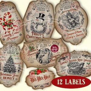 Vintage Weihnachtsetiketten, bedruckbare Etiketten für Gläser, Weihnachtsflaschenetiketten, Weihnachtsmann, Schneemann, Weihnachtsanhänger, digitaler Download
