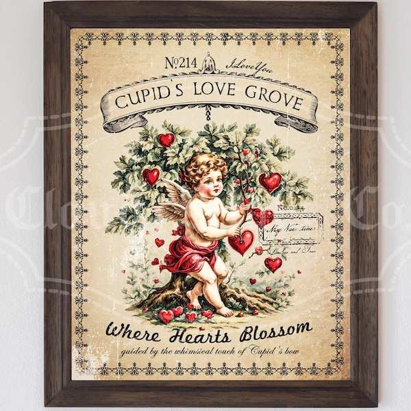 Vintage Valentines Cupid Love Grove Sign, Printable Valentine Wall decor, Victorian Valentine DIY craft, Cupid art, digital download