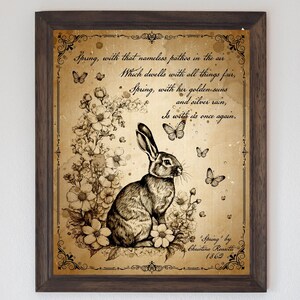 Vintage Frühlingsgedicht-Wanddekor, druckbare Frühlingsdrucke, Kaninchenbild, Frühlingsdekor, DIY Handwerk, digitaler Download