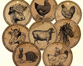 Etiquetas rústicas de animales de granja, clipart imprimible redondo (descarga instantánea)