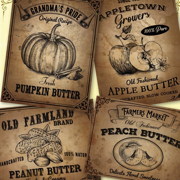 Vintage pantry labels kitchen country primitive decor craft labels apple peanut pumpkin peach butter fall fruit printable gift tags DIY