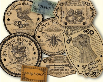 Vintage Steampunk Halloween Labels printable #1, Apothecary bottle labels, Magic potion jar tags, Fantasy gift decor, digital download