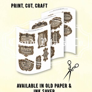 Puede incluir: Etiquetas de Halloween de estilo g&oacute;tico vintage con el texto "Print, Cut, Craft". Las etiquetas est&aacute;n disponibles en papel antiguo y ahorro de tinta. La imagen muestra 15 etiquetas con varios dise&ntilde;os g&oacute;ticos y texto, incluyendo "Dragon's Blood" y "Poison".