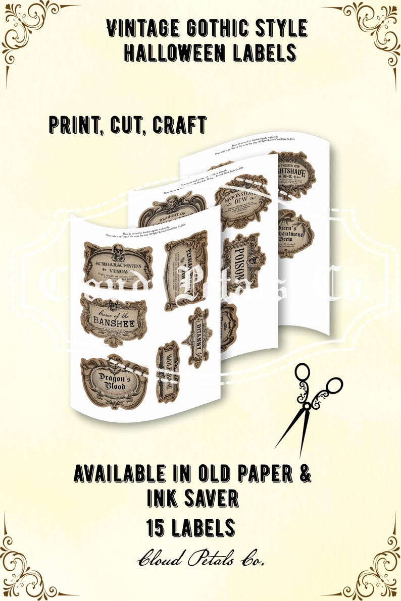 Puede incluir: Etiquetas de Halloween de estilo g&oacute;tico vintage con el texto "Print, Cut, Craft". Las etiquetas est&aacute;n disponibles en papel antiguo y ahorro de tinta. La imagen muestra 15 etiquetas con varios dise&ntilde;os g&oacute;ticos y texto, incluyendo "Dragon's Blood" y "Poison".