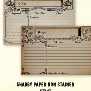 May include: Vintage blank recipe cards with a shabby paper design. Each card features space for ingredients, cook time, and directions. The cards are 6"x4" and include the text "Recipe".