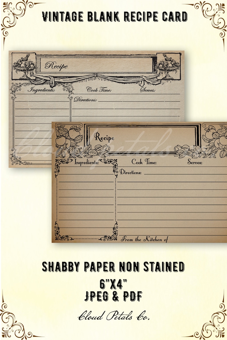 May include: Vintage blank recipe cards with a shabby paper design. Each card features space for ingredients, cook time, and directions. The cards are 6"x4" and include the text "Recipe".