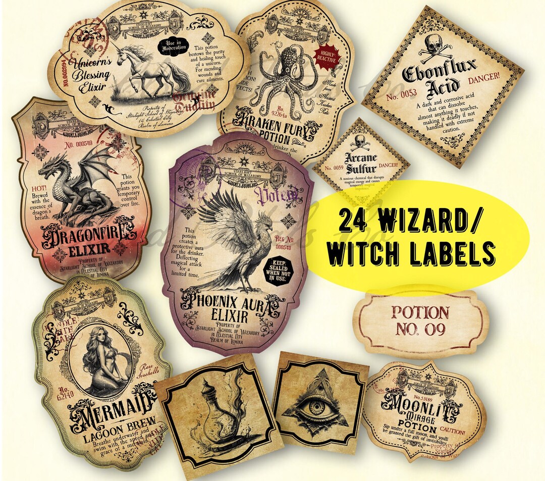Vintage Halloween Potion Labels: Witch Apothecary Bottle Stickers