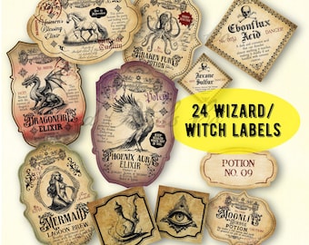 Etiquetas vintage para pociones de Halloween: pegatinas para botellas de boticario de brujas (descarga digital)
