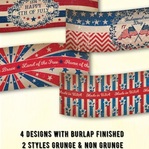 Puede incluir: Etiquetas vintage patri&oacute;ticas envolventes con dise&ntilde;os rojos, blancos y azules. Las etiquetas presentan frases e im&aacute;genes patri&oacute;ticas, incluyendo estrellas, rayas y banderas. Cada etiqueta mide 6,35 cm x 22,86 cm.