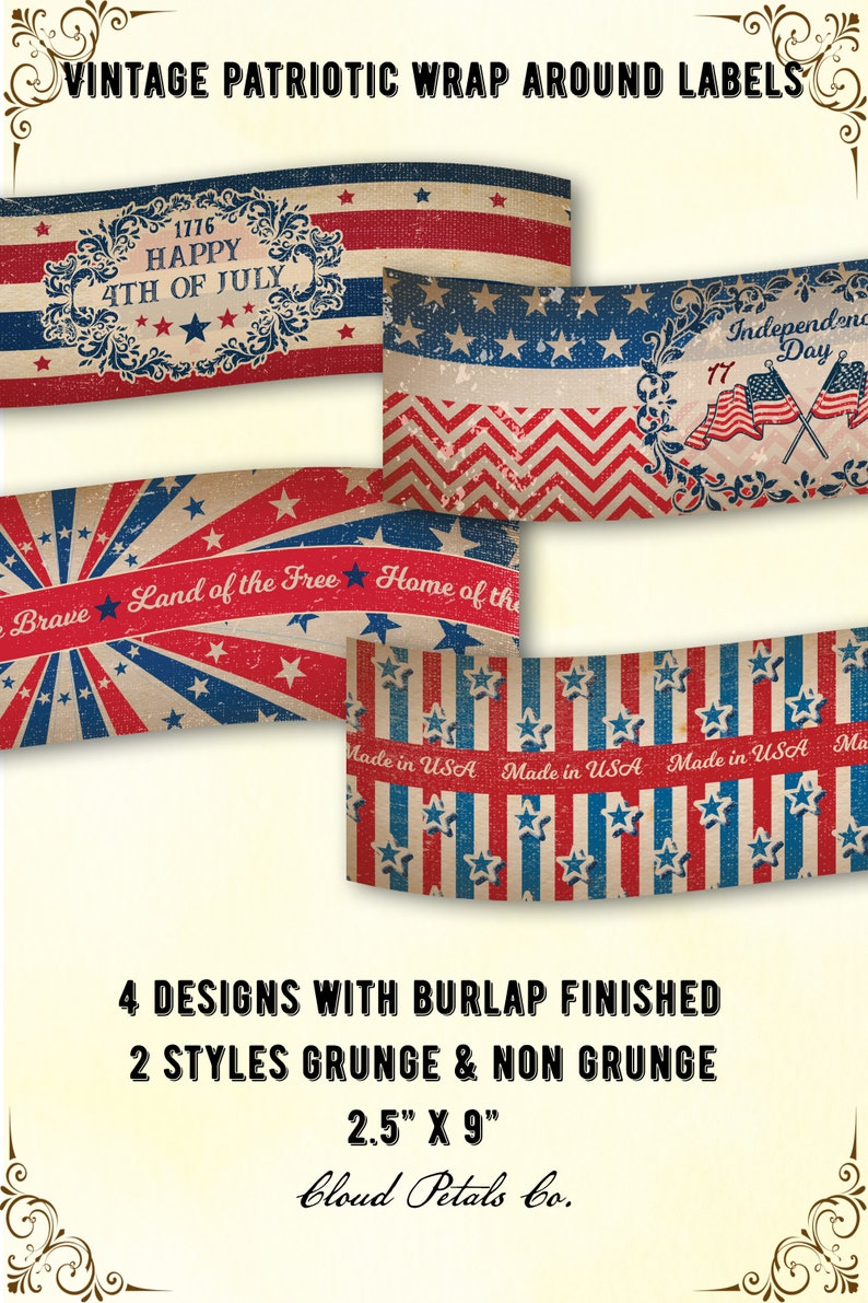 Puede incluir: Etiquetas vintage patri&oacute;ticas envolventes con dise&ntilde;os rojos, blancos y azules. Las etiquetas presentan frases e im&aacute;genes patri&oacute;ticas, incluyendo estrellas, rayas y banderas. Cada etiqueta mide 6,35 cm x 22,86 cm.