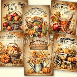 Etichette autunnali vintage, decorazioni autunnali vintage stampabili, download autunnali in stile fattoria, Ringraziamento, zucca, mele, cornucopia, download digitale