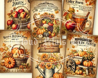 Vintage Fall tags, Vintage Autumn decor printable, Farmhouse Fall downloads, Thanksgiving, pumpkin, apples, cornucopia, digital download