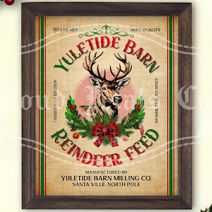 Letrero de comida de reno de Navidad vintage, decoración navideña imprimible, cojín DIY, saco de comida, arpillera, corona de reno, PNG, descarga digital