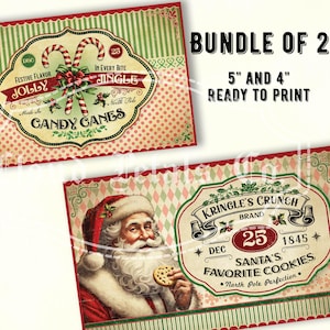 étiquettes de Noël vintage, décoration de Noël imprimable, joyeux Noël, père Noël, cannes de bonbon, travaux manuels, téléchargement numérique