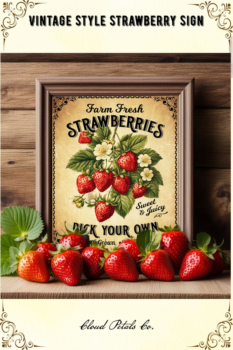 May include: A vintage-style strawberry sign in a wooden frame. The sign says "Farm Fresh Strawberries" and "Pick Your Own." Fresh, ripe strawberries are displayed in front of the sign. The sign has a vintage aesthetic.