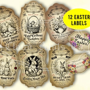 Vintage Osteretiketten, druckbare viktorianische Osterhasen Dekor, Ostersüßigkeiten, DIY Osterhandwerk, Kaninchendruck, digitaler Download