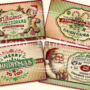 Vintage Weihnachtsetiketten zum Ausdrucken, Frohe Weihnachten, Weihnachtsmann, Zuckerstangen, Lebkuchen, DIY Handwerk, digitaler Download