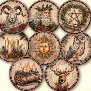 Yule Christmas Round tags decor, printable Wiccan Witchy Christmas labels, Pagan Yule tree decoration, Winter Solstice, digital download
