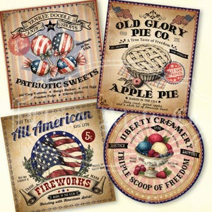 Etiquetas decorativas vintage para o 4 de julho, dia da independência primitivo para impressão, download patriótico, fogos de artifício, torta de maçã, verão, download digital