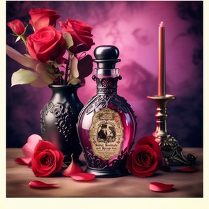 Puede incluir: Etiquetas de poci&oacute;n de amor g&oacute;ticas de San Valent&iacute;n de estilo vintage. Una botella decorativa con un tap&oacute;n oscuro y una etiqueta que dice "Sinful Soulmate Syrup". Rosas rojas y una vela completan la escena rom&aacute;ntica.