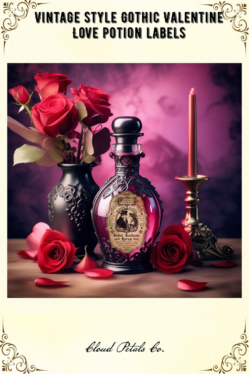 Puede incluir: Etiquetas de poci&oacute;n de amor g&oacute;ticas de San Valent&iacute;n de estilo vintage. Una botella decorativa con un tap&oacute;n oscuro y una etiqueta que dice "Sinful Soulmate Syrup". Rosas rojas y una vela completan la escena rom&aacute;ntica.