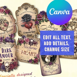 Può includere: Una collezione di etichette in stile vintage con temi gotici. Ogni etichetta presenta disegni ornati, rose, teschi e testo come "Cursed Desire" e "Dark Amour". Le etichette sono circondate da composizioni floreali e bordi decorativi.