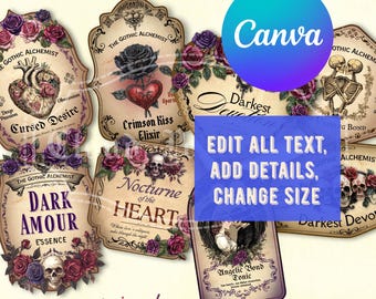 May include: A collection of vintage-style labels with gothic themes. Each label features ornate designs, roses, skulls, and text such as "Cursed Desire" and "Dark Amour." The labels are surrounded by floral arrangements and decorative borders.
