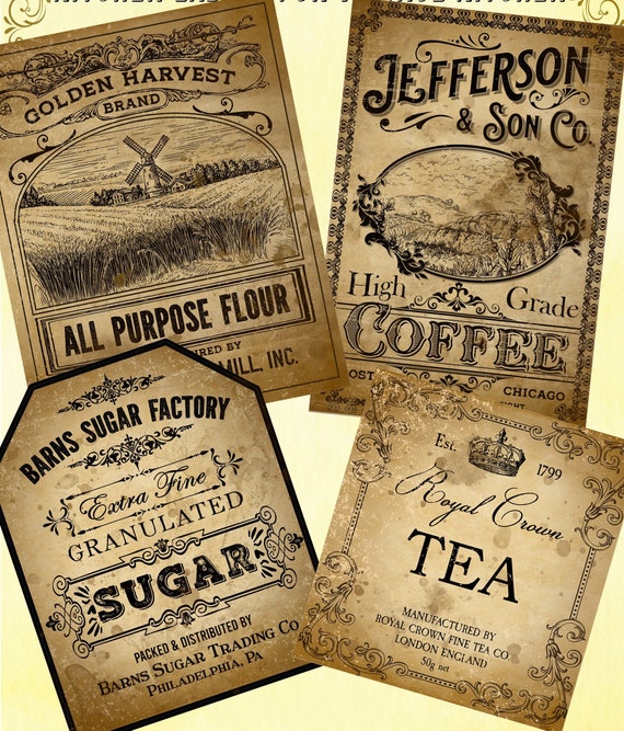 Vintage Pantry Label Set: Coffee, Flour, Sugar, Tea (Digital Download)